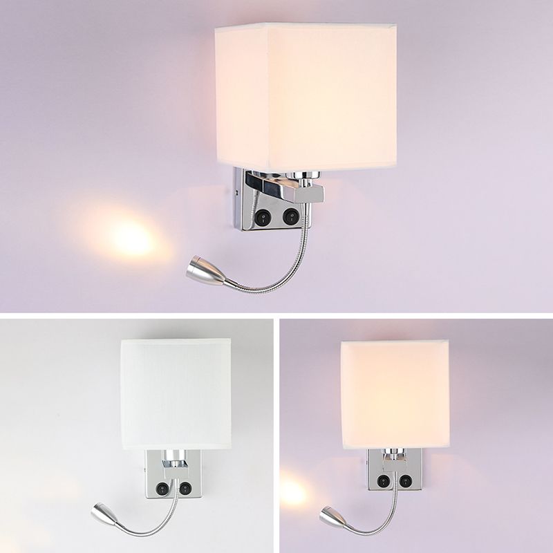 Square Fabric Shade Simplicity Wall Sconce Adjustable LED Spotlight Design Bedside Reading Lamp in Sliver