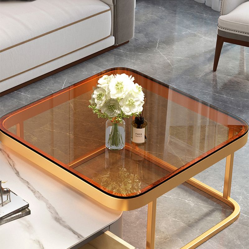 Modern 2 Nesting Glass Coffee Table Set Steel Frame Base 1 - Drawer Cocktail Table