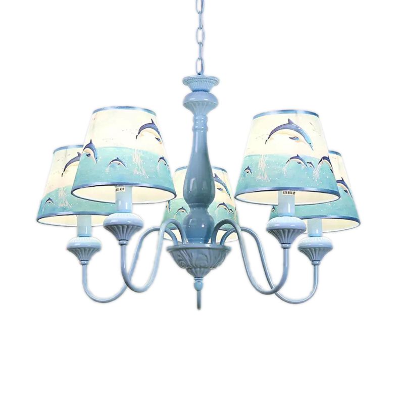 Modern Style Tapered Shade Chandelier with Dolphin 5 Lights Metal Hanging Light in Blue for Child Bedroom