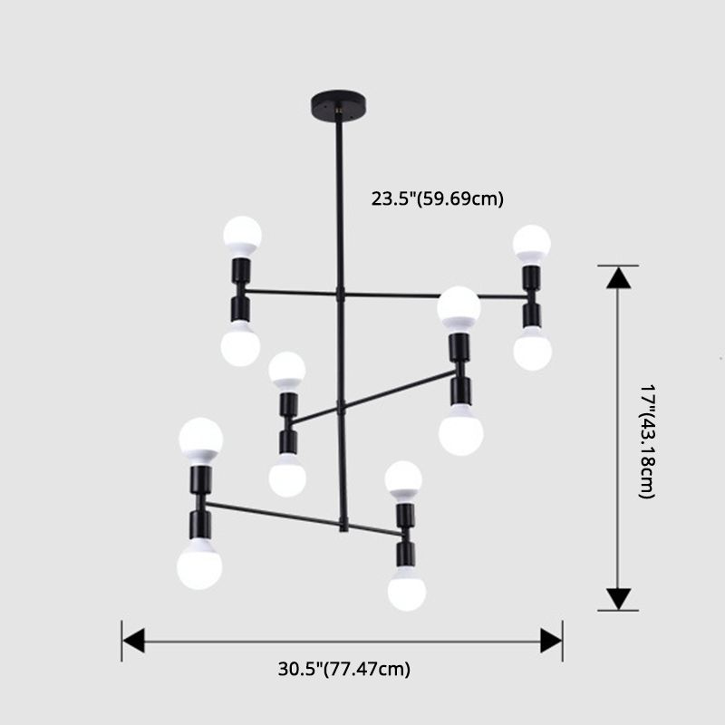 Postmodern 3-Arm Chandelier Metallic 12-Bulb Living Room Hanging Lamp with Shadeless Design