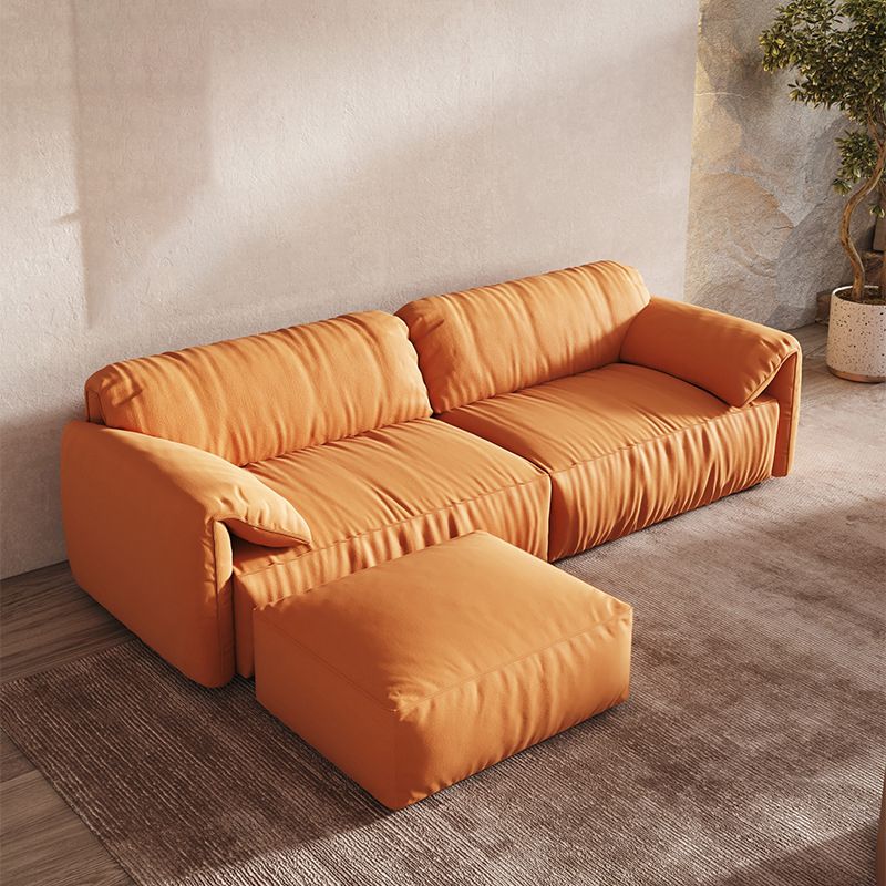 Contemporary Pillow Top Arm Settee Orange Faux Leather Sofa for Living Room