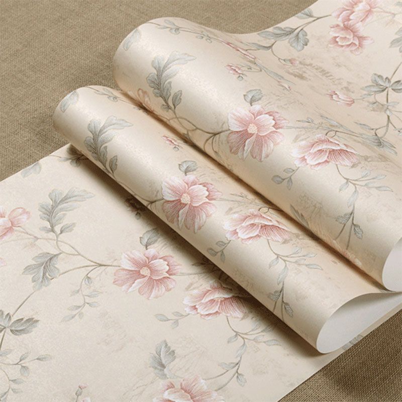 Stain-Resistant Non-Pasted Wallpaper Dense Blossom Pattern Non-Woven Wall Covering in Natural Color