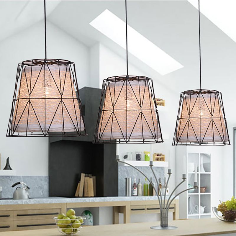 Bucket Ceiling Light Lodge Style Metallic and Rope 1 Light White/Blue-Orange-Yellow Pendant Lamp with Wire Frame