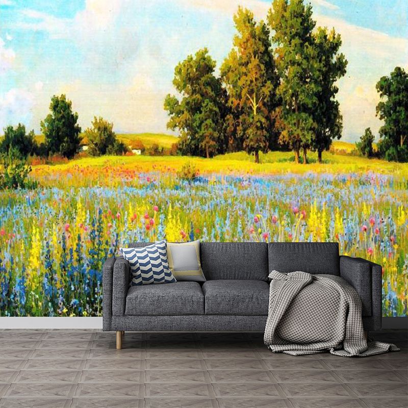 Rustic Autumn Landscape Painting Mural Yellow-Green Living Room Wall Decor, Custom Size