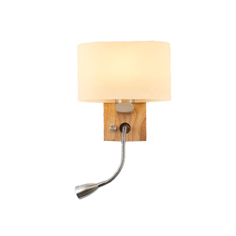 Modern Creative 2-Light Wall Sconce Wooden Geometric Wall Lamp with White Glass Shade