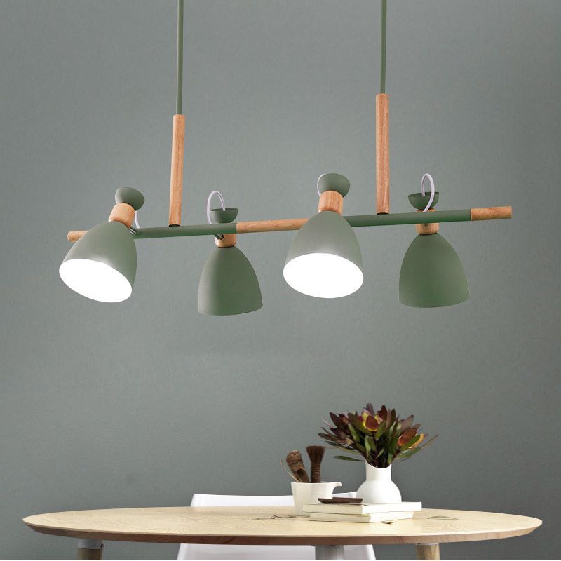 Grey/White/Green Bell Island Lamp Nordic 4-Light Iron Rotatable Hanging Pendant Light with Wood Decor