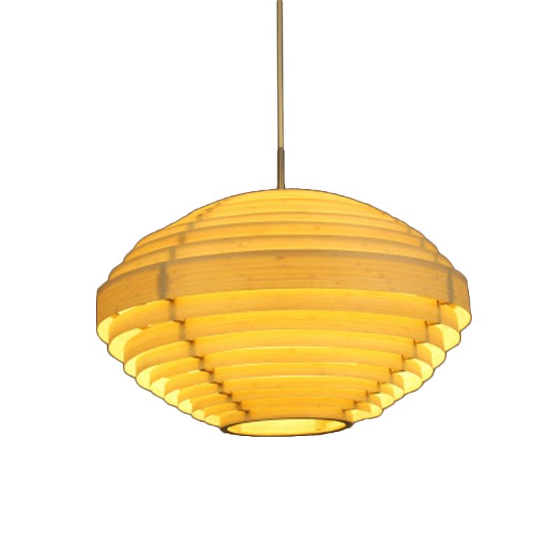 Wood Lantern Ceiling Lamp Asia 1 Bulb Hanging Light Fixture in Beige for Living Room