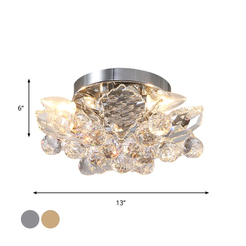 4 Lights Beaded Flush Mount Fixture Rural Style Chrome/Gold Finish Crystal Ball Ceiling Mounted Light for Living Room