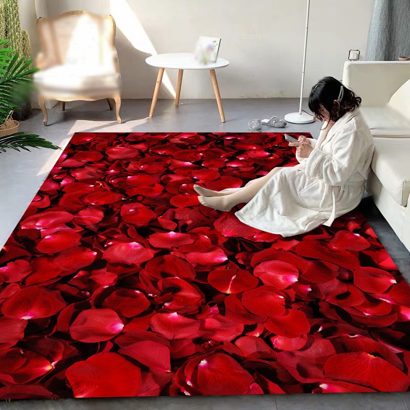 Red Living Room Area Rug Modern Floral Pattern Polyester Area Carpet Easy Care Washable Rug