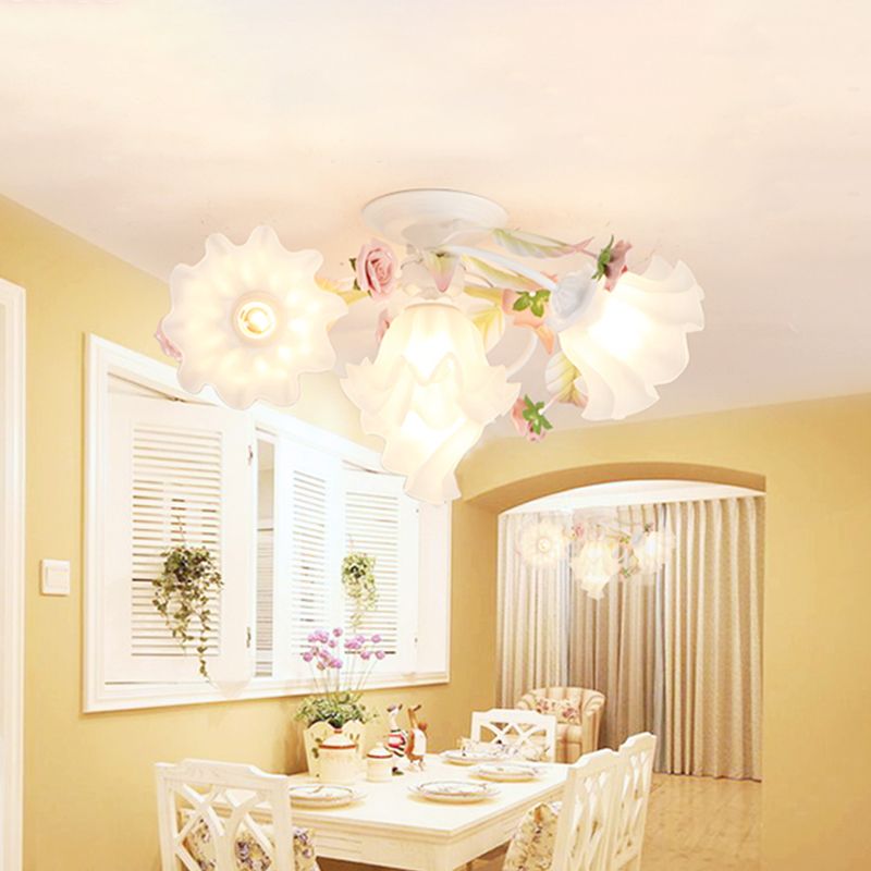 Pastoral Ruffle Ceiling Flush Lamp 4/7/9 Heads Frosted White Glass Semi Flush Mount for Dining Room