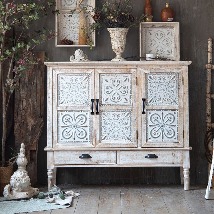 Industrial Rectangle Accent Cabinet Distressed Finish Fretwork Accent Cabinet