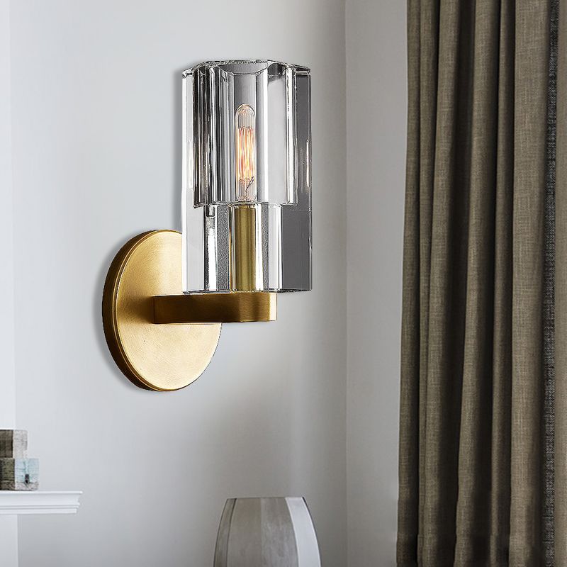 Faceted Clear Crystal Wall Lighting Minimalist 1 Light Gold Armed Sconce Light Fixture