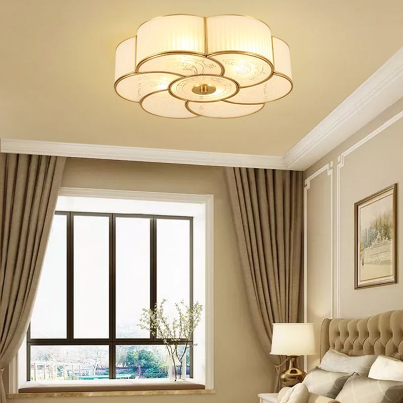 Brass Shaded Ceiling Mounted Fixture Traditional Bedroom Close to Ceiling Chandelier