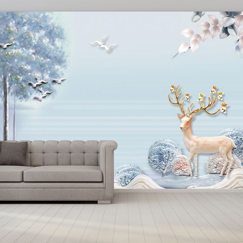 Sika Deer in Forest Murals in Soft Color, Contemporary Wall Decor for Living Room