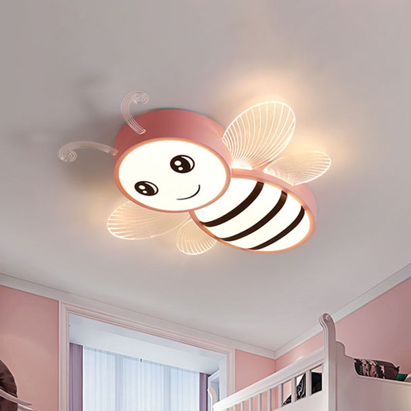 Bee Flush Mount Fixture Kids Plastic Pink/Yellow/Blue LED Close to Ceiling Lamp for Children Bedroom