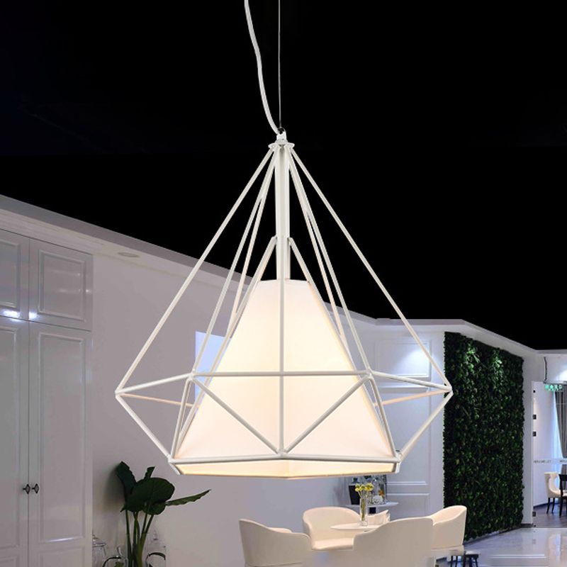 1 Head Wire Frame Hanging Pendant Light with Fabric Shade Loft White Metal Ceiling Lighting for Coffee Shop