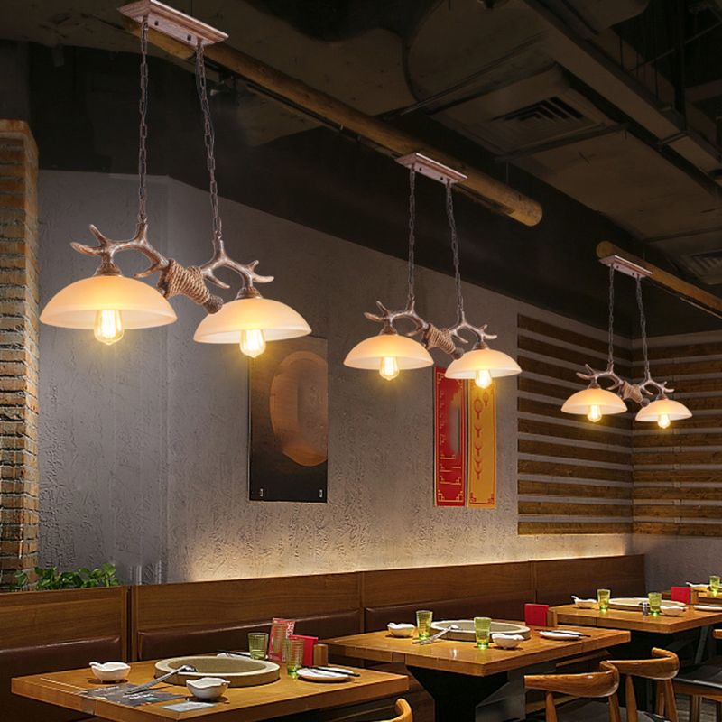 2 - Light Kitchen Island Light Wood & Dome Glass Shade Ceiling Pendant with Antlers Accent