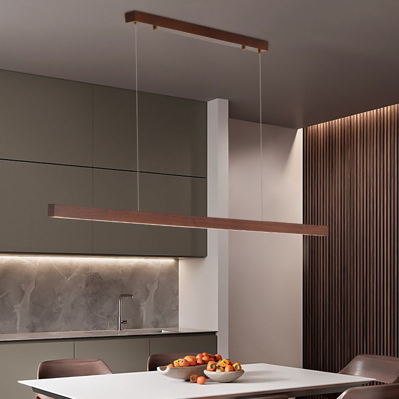 1-Light Island Light Minimal Style Linear Shape Wood Hanging Lamp for Dining Room