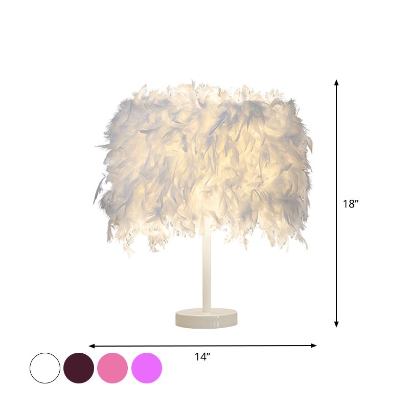 10 "/ 14" de large cylindre Lumière de nuit Plume moderne 1 lampe de table de chevet de tête en rose / blanc / violet