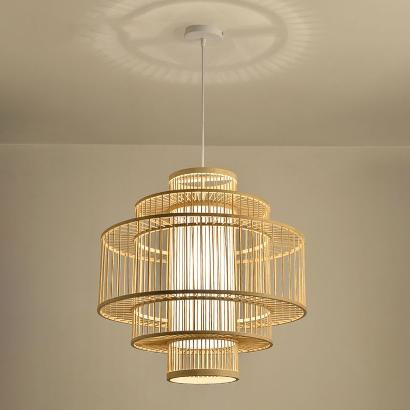 Chinese Cylinder Hanging Lamp Dining Beige Rattan Pendant Ceiling Light with 1 Light
