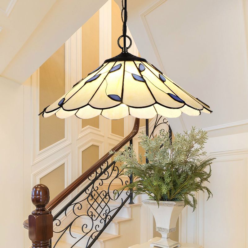 Flared Pendant Lighting 1 Bulb Beige Stained Glass Tiffany-Style Hanging Ceiling Light with Leaf Pattern