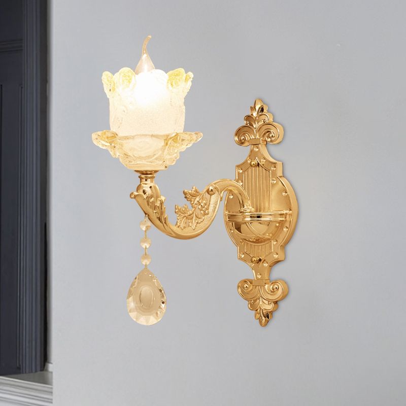 Traditional Scrolled Arm Sconce 1/2-Bulb Glass Blossom Shade Wall Mount Light in Brass with Crystal Accents