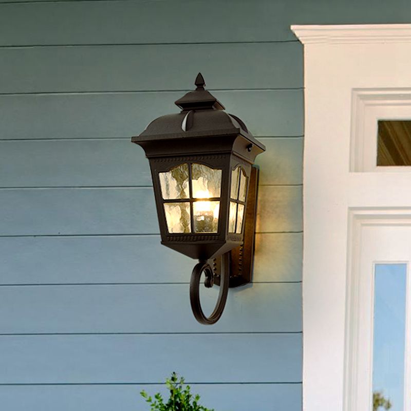 1 Light Seedy Glass Wall Lamp Antique Black Lantern Doorway Wall Light with Up/Down Curved Arm, 10"/12.5" W