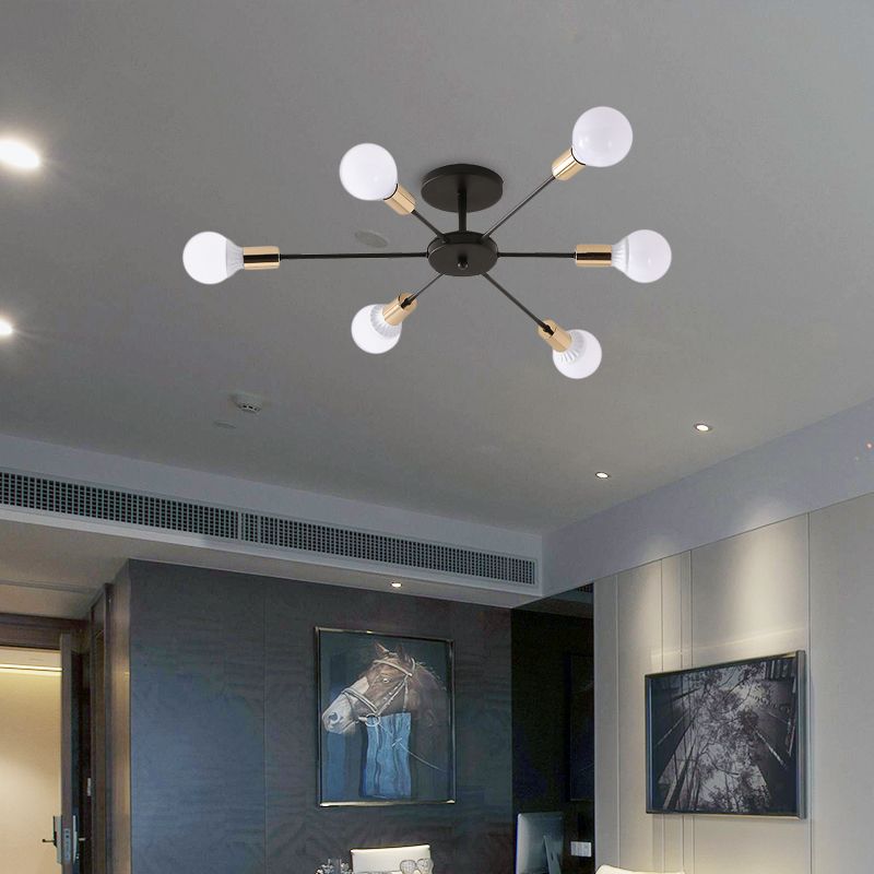 Black Sputnik Semi Flush Light Industrial Metallic 6/8 Lights Ceiling Mounted Fixture with Exposed Bulb, 23.5"/27.5" W