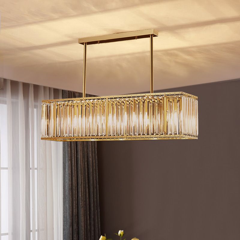 Luce a sospensione dell'isola a LED in oro in rame nella moderna lampada appesa al cristallo rettangolare per sala da pranzo