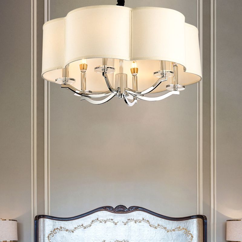 Drum Bedroom Chandelier Metal 6 Lumières SIMPLE DROP PENDANT AVEC LAMÉ CRISTAL et une teinte de tissu