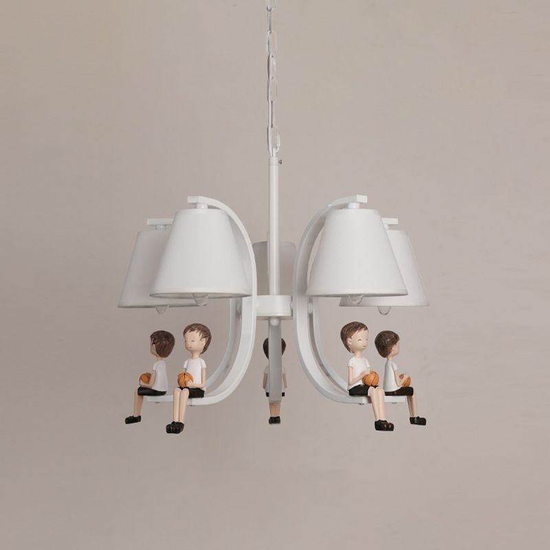 Girl/Boy Statue Suspension Light Kids Iron 5-Bulb Bedroom Pendant Chandelier with Cone Fabric Lampshade in White