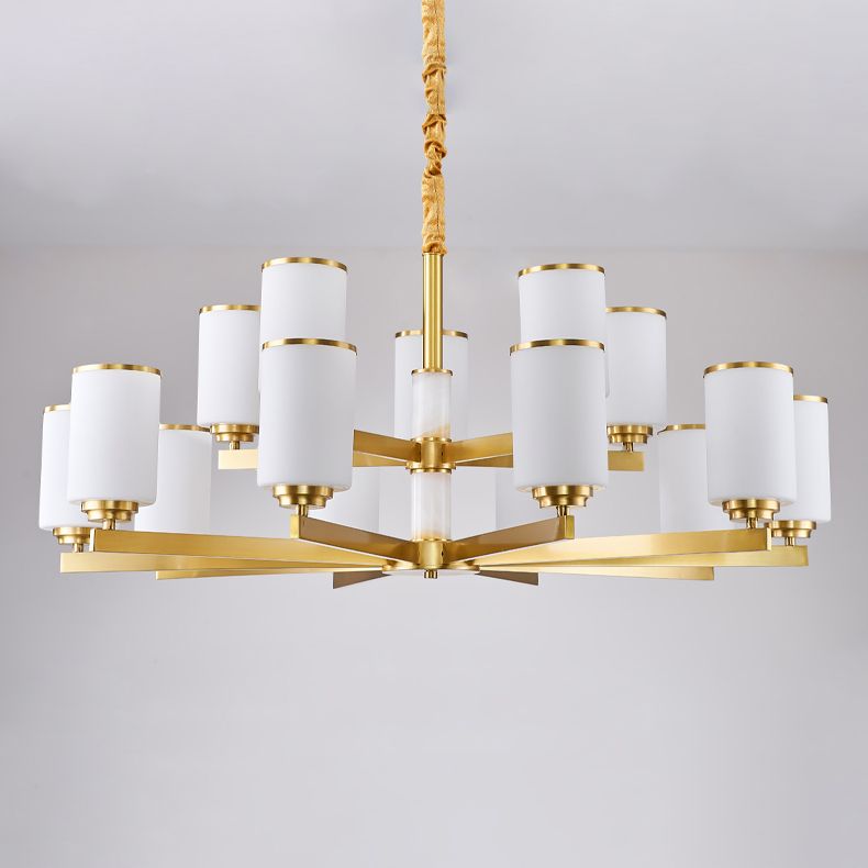 Modern Concise Pendant Light Metal Cylindrical Chandelier with Glass Shade