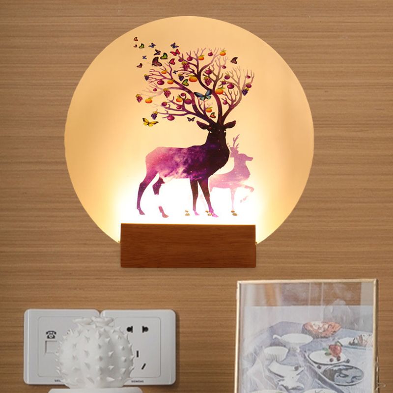Acrylic Circular Elk Patterned Wall Light Fixture Chinese Style LED Wood Mural Lamp for Bedroom