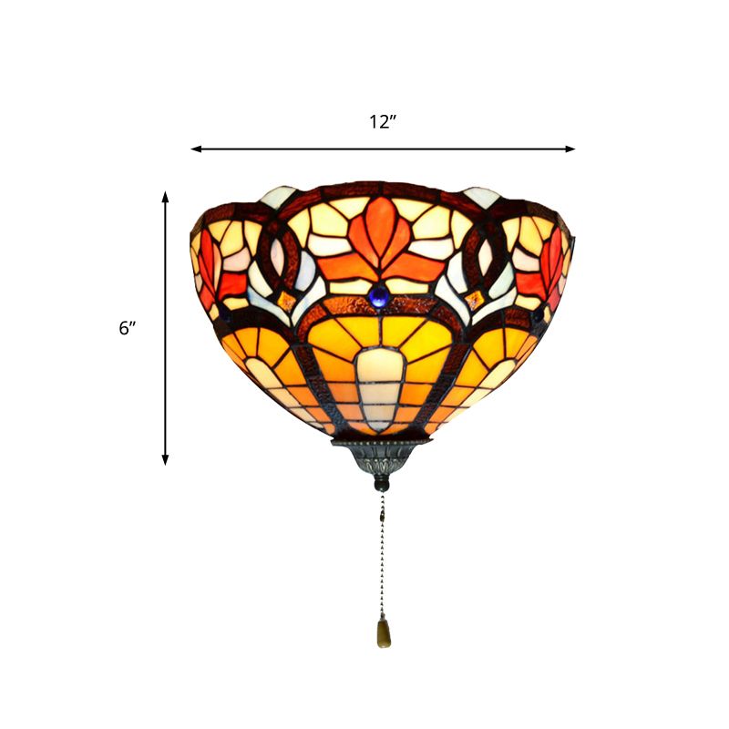 Stained Glass Bowl Wall Lamp with Flower Pattern and Pull Chain 1 Light Victorian Wall Sconce