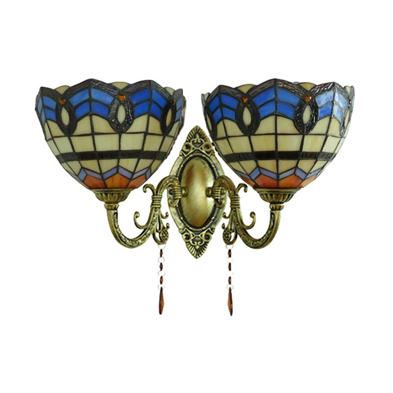 Baroque Bowl-Shaped Wall Fixture Light Stained Glass 2 Lights Wall Sconce Lighting for Living Room