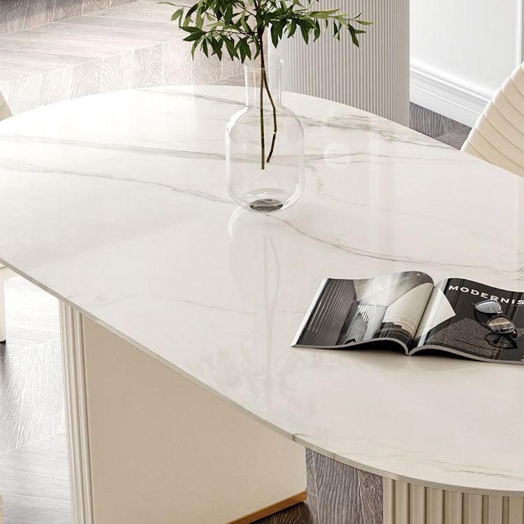 Oval Double Pedestal Modern Dining Table White Fixed Table with Sintered Stone