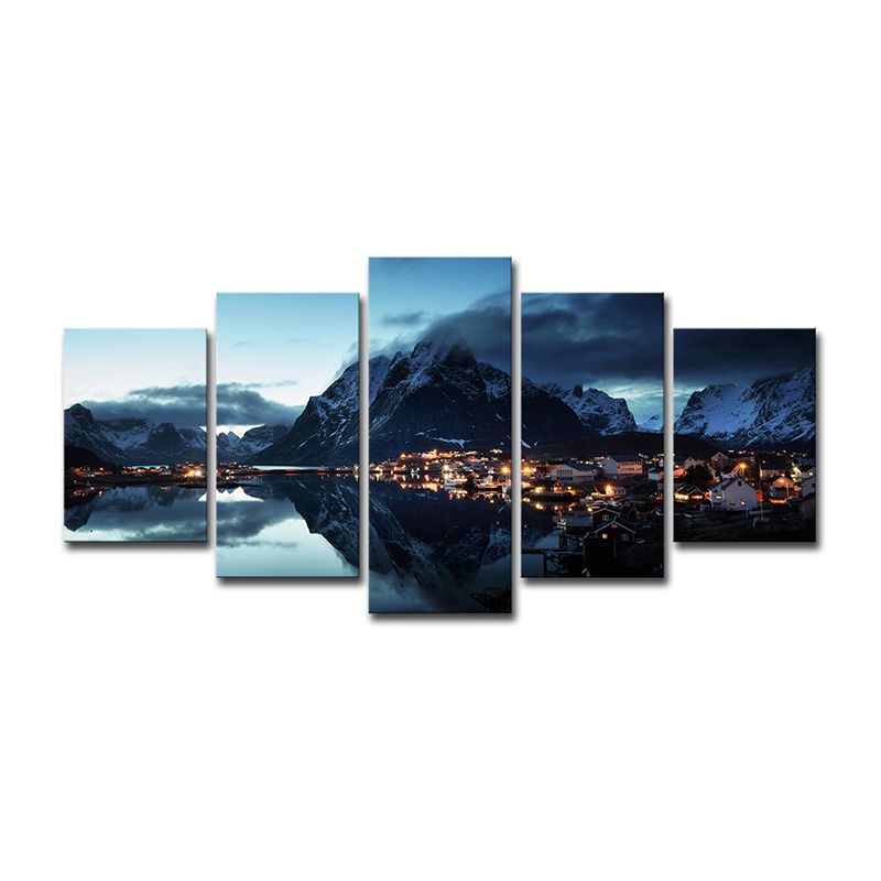 Modern Canvas Print Dark Blue Mountain Village by the River Night Scenery Wall Art