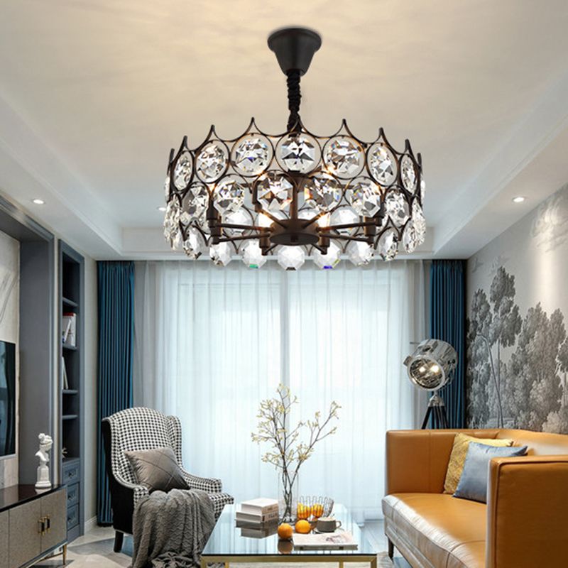 Circle Beveled Crystal Chandelier Traditional 6 Lights Living Room Hanging Ceiling Light in Black
