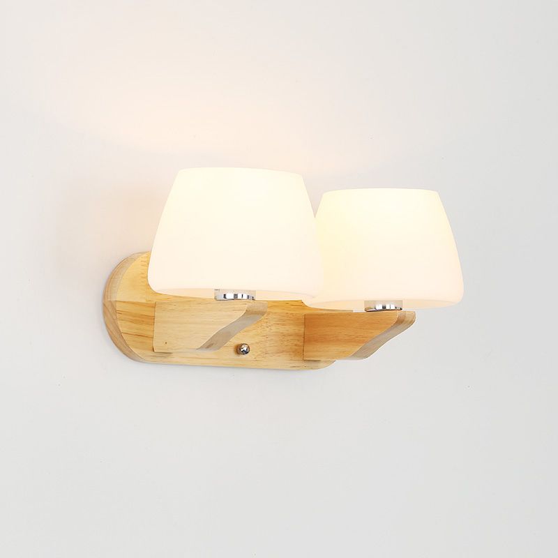 White Glass Bud Wall Sconce Lamp Nordic Style Wall Lighting Fixture with Wooden Backplate