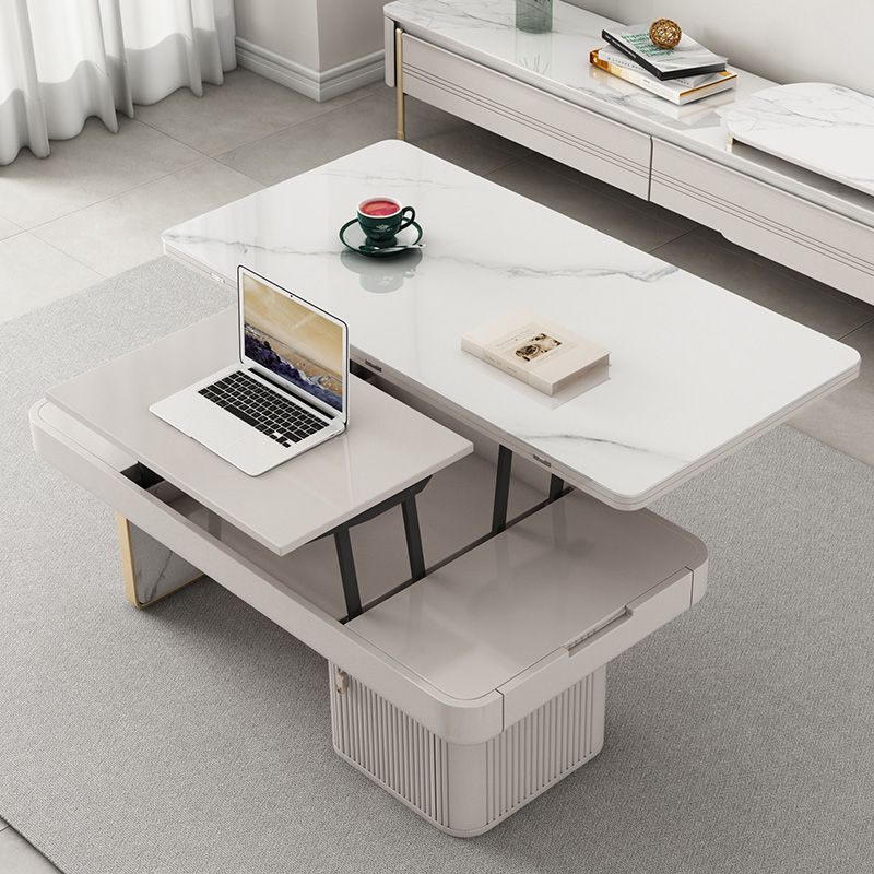 Rectangular Slate Top Coffee Table Abstract Base Cocktail Table with Storage