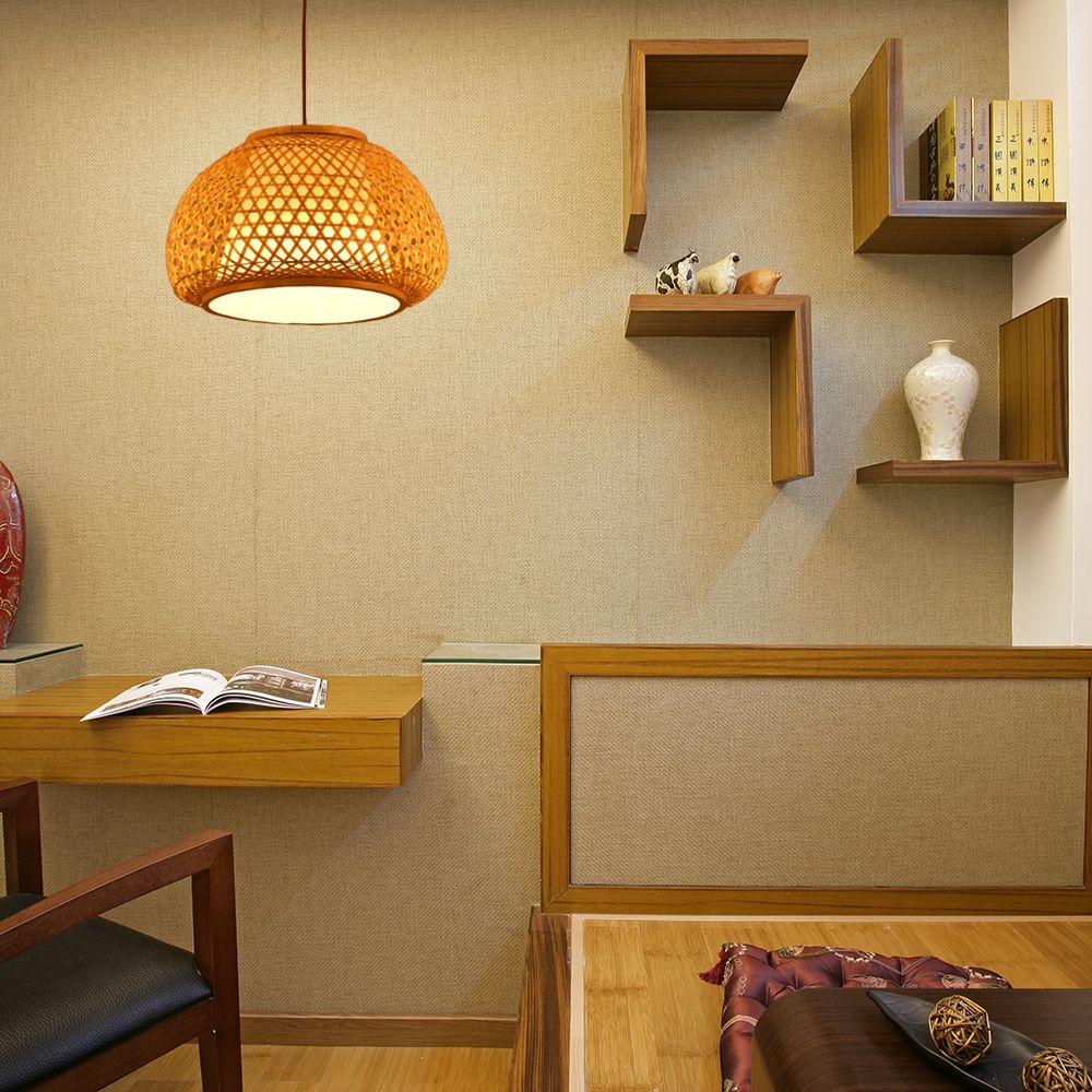 Hand Knitted Bamboo Lantern Drop Light for Restaurant Asian 1 Head Pendant Lamp with Paper Interior Shade