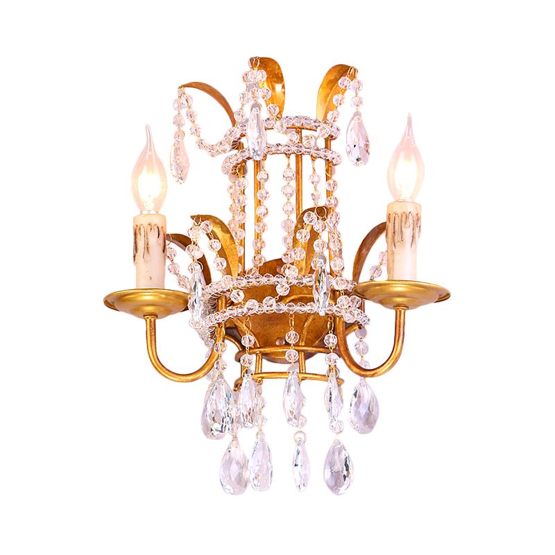 Clear Crystal Beaded Sconce Lighting Vintage Style 2 Heads Brass Wall Lamp with Open Bulb for Bedroom