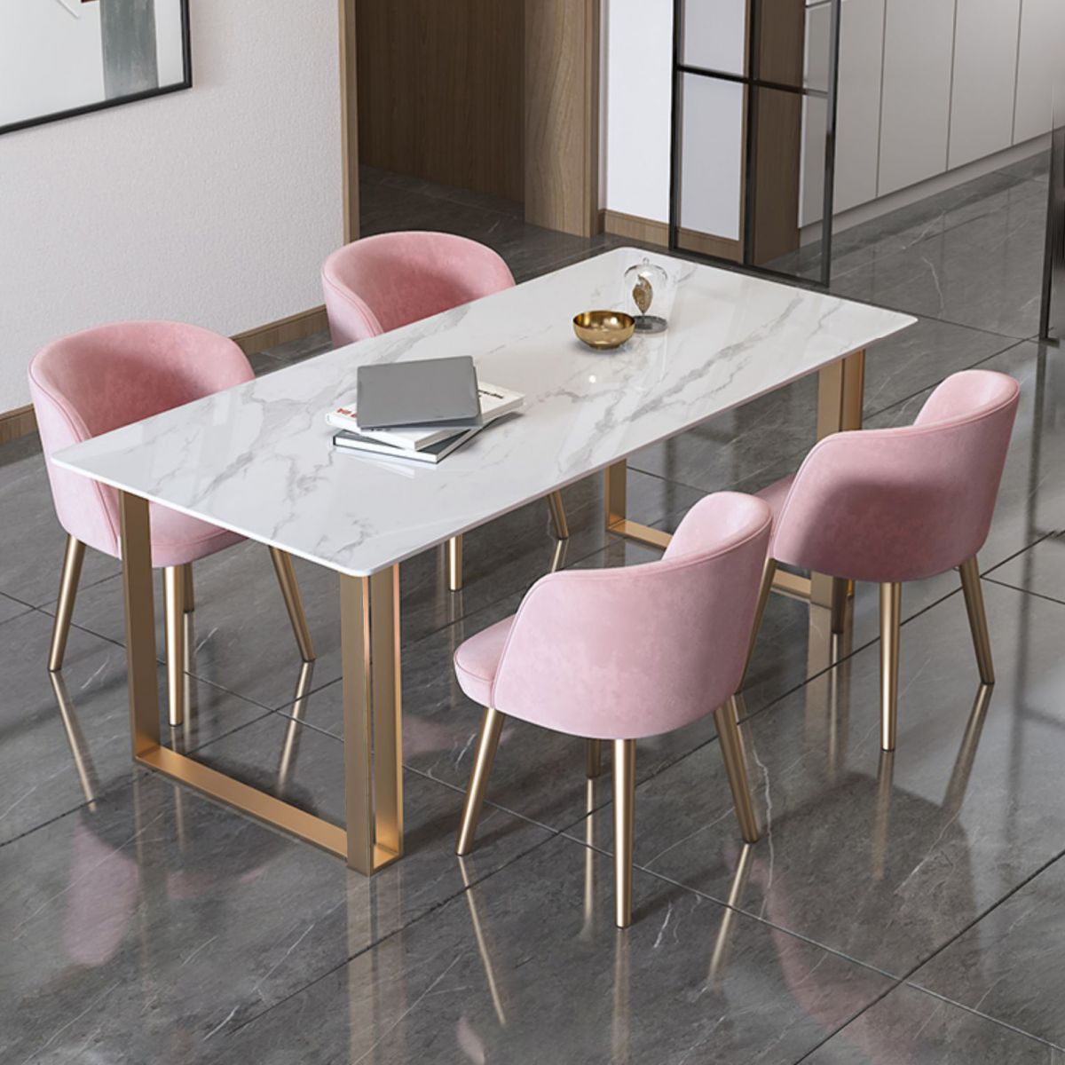 Traditionele luxe rechthoekige eettafel gesinterde stenen eettafel met dubbele voetstuk