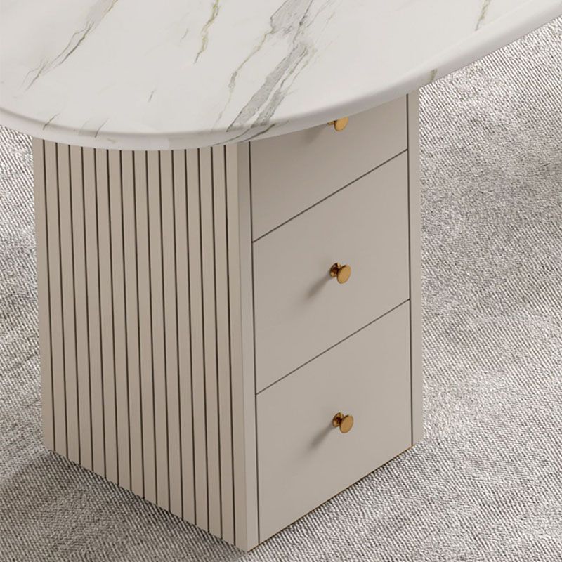 Irregular Shape Office Desk White Office Writing Desk with Metal Legs with 3-drawer