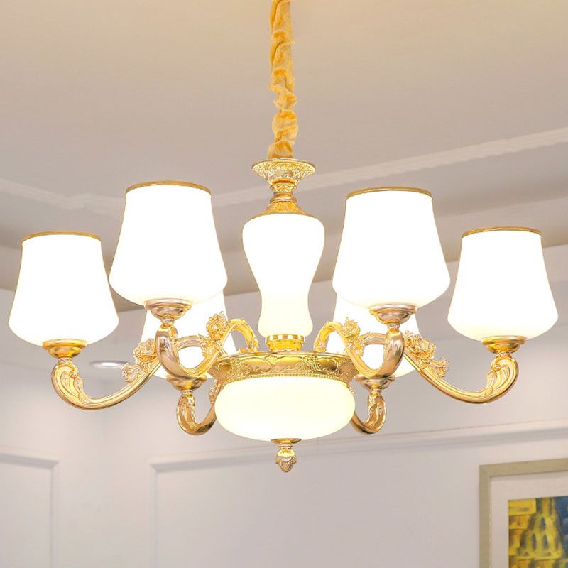 Colgante cónico colgante simple accesorio de iluminación de lámpara de oro de vidrio blanco con brazo desplazado