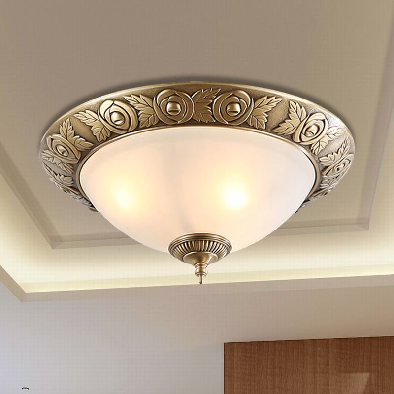 Brass Dome-Like Flush Mount Antiqued Milky Glass 2/3-Head 12"/16"/19" W Bedroom Ceiling Light Fixture