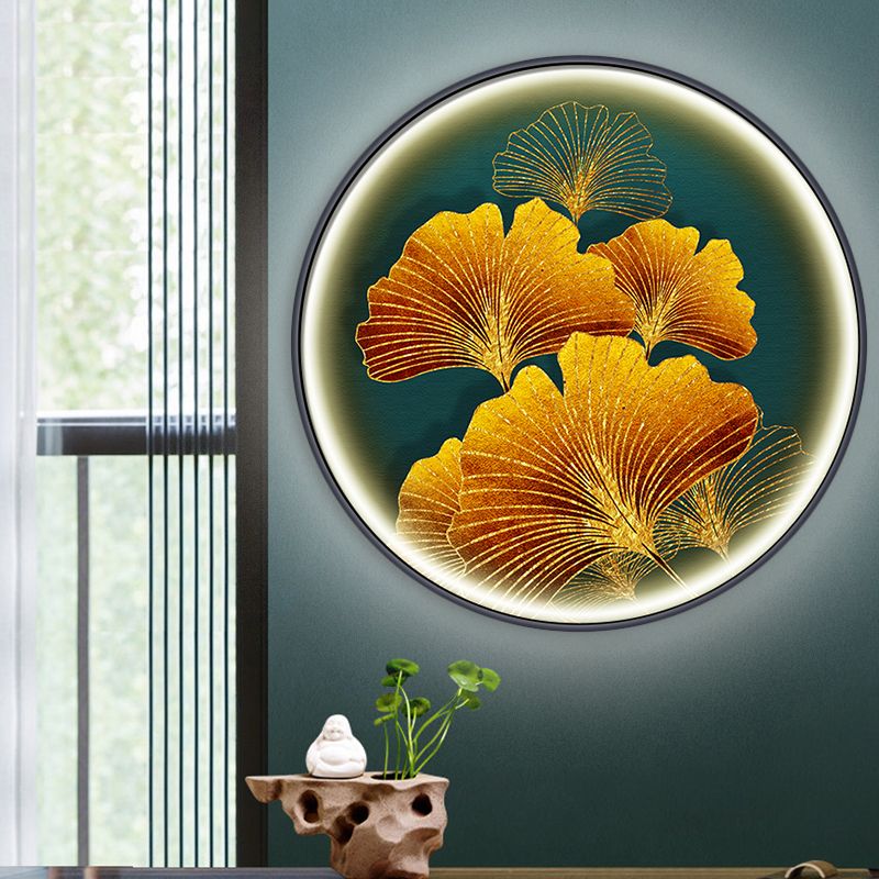 Aziatische ronde wand muurschildering Mount Lamp Fabric Led Corridor Wand SCONCE Licht met Ginkgo Leaf Patroon in geel/geelgroen