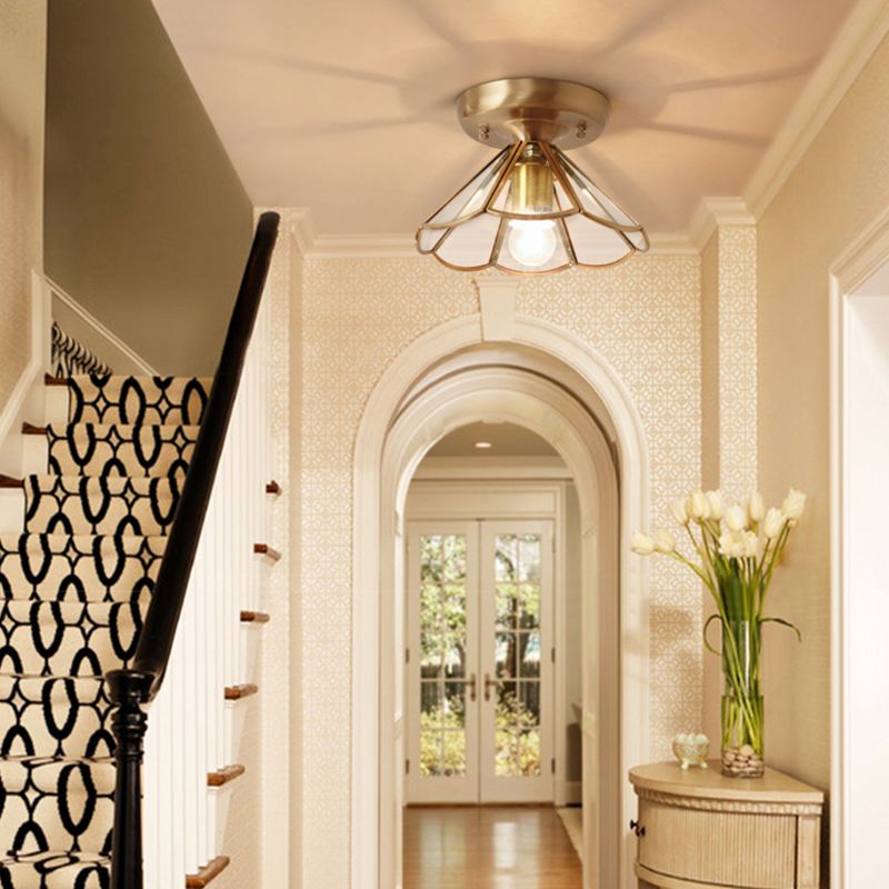 Brass Ceiling Light Fixture Vintage Glass Scalloped Semi Flush Mount Light