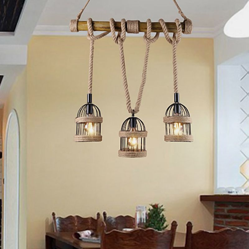 3-Light Island Lamp Farm Birdcage Metallic Hanging Ceiling Light with Jute Rope Cord