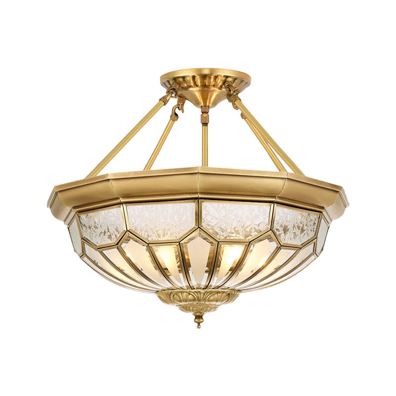 18"/19.5" Wide Bowl Bedroom Semi Flush Light Antique Frosted Glass 4/6 Lights Gold Semi Mount Lighting
